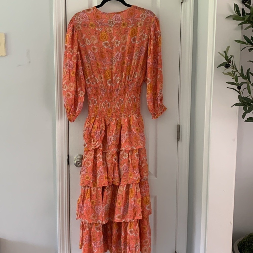 ELF Wrap Dress made by hand Size L birds Floral print ruffle smocked waist tie - Picture 11 of 16